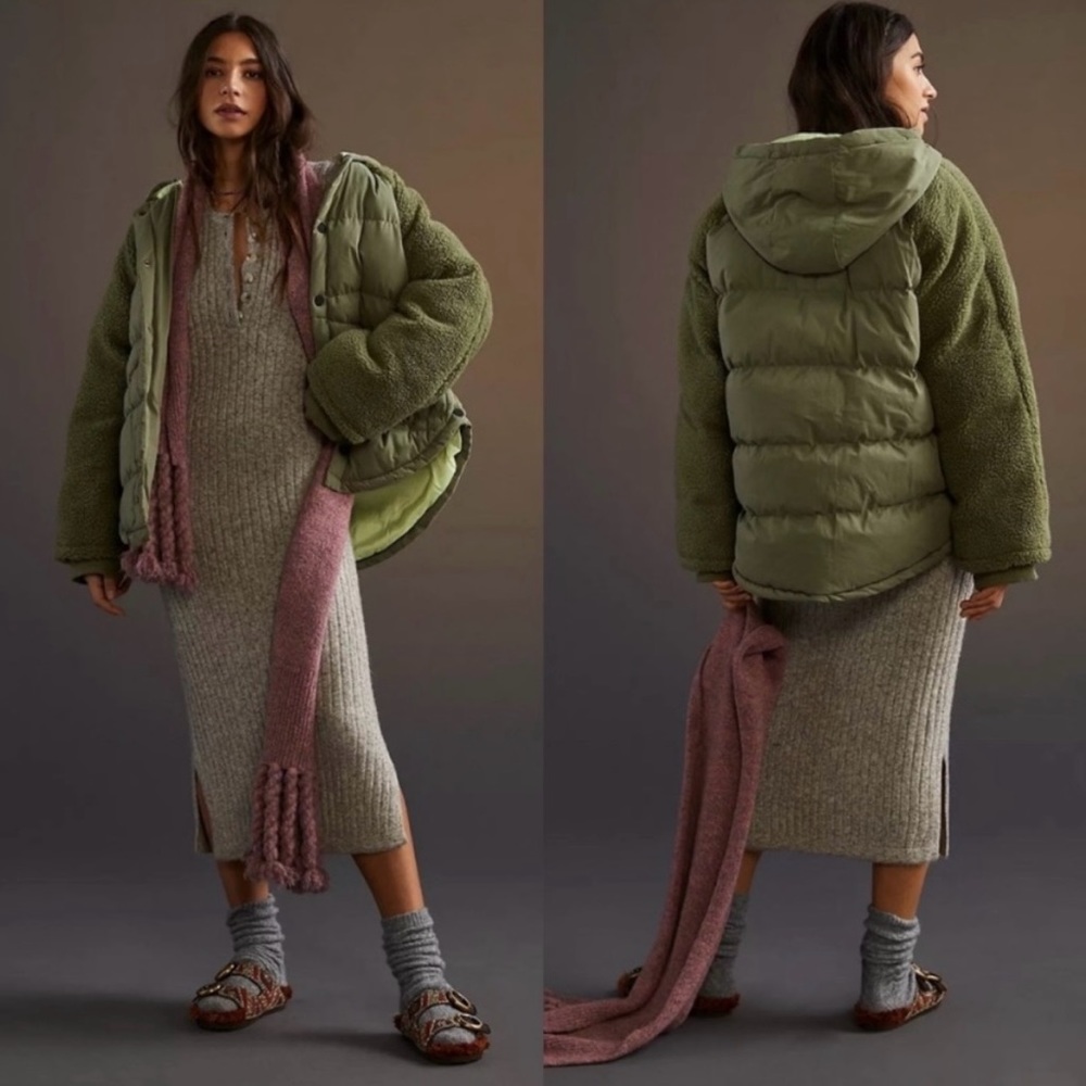NWT Anthropologie PILCRO Puffer Swing Jacket Coat Hooded Sherpa.